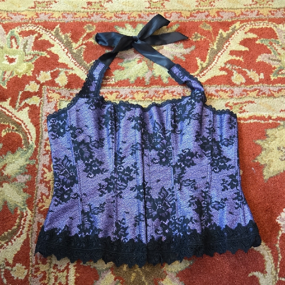 FREDERICKS OF HOLLYWOOD 90s Y2k Purple Lace Halter Corset Top